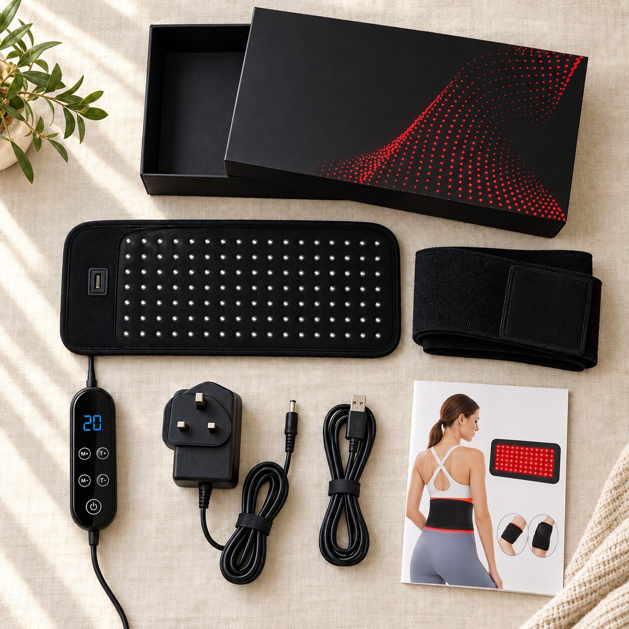 LumaWrap box contents: wrap, controller, UK mains adaptor, USB cable and instructions